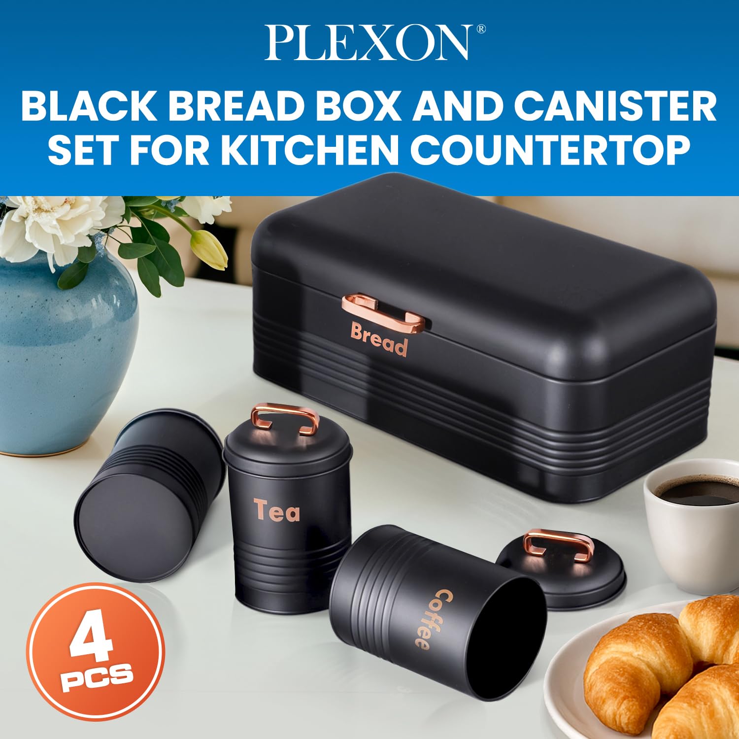 plexon metal bread box with tea coffee sugar container set black bread box for kitchen countertop with canister set of 4