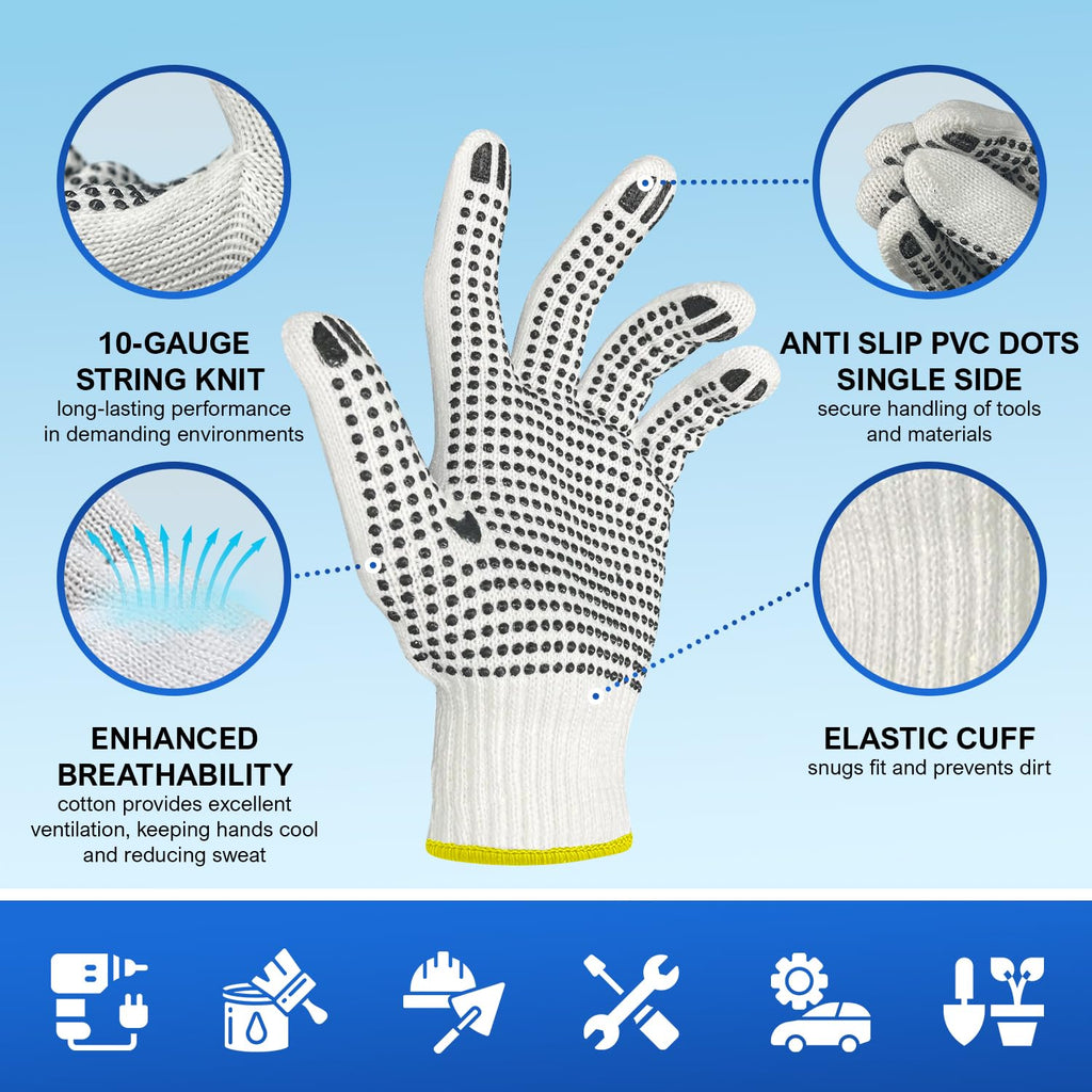 Size 9 Medium White String Knit Work Gloves with Black PVC Dots On Both Sides, 144 Pairs/Case