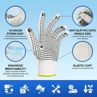 Size 9 Medium White String Knit Work Gloves with Black PVC Dots On Both Sides, 144 Pairs/Case