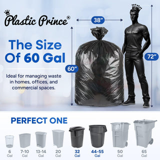 38" x 60", 60 Gallon, 22 Mic, Black High-Density Can Liners, 150/Case