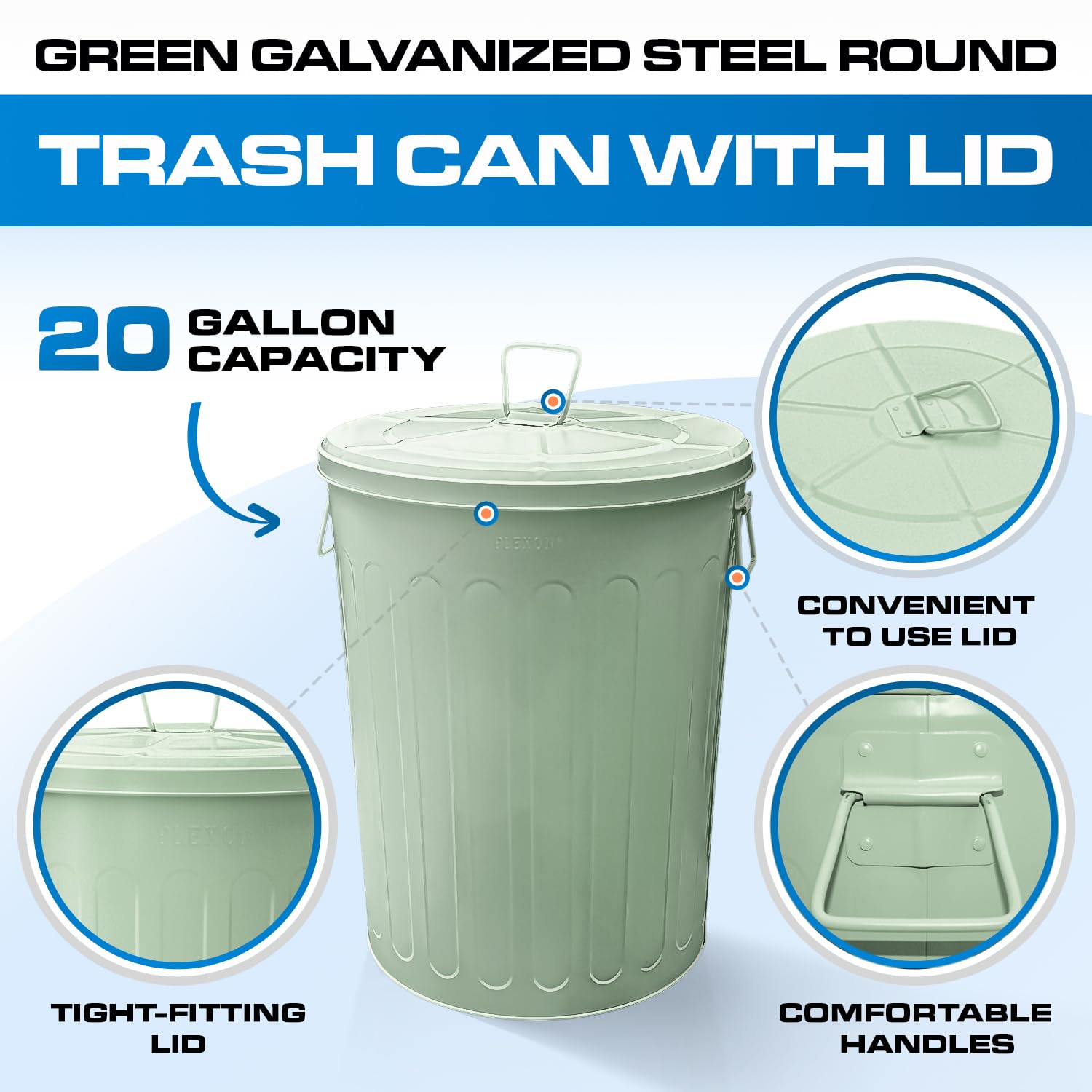 20-Gallon Green Galvanized Steel Round Trash Can with Lid