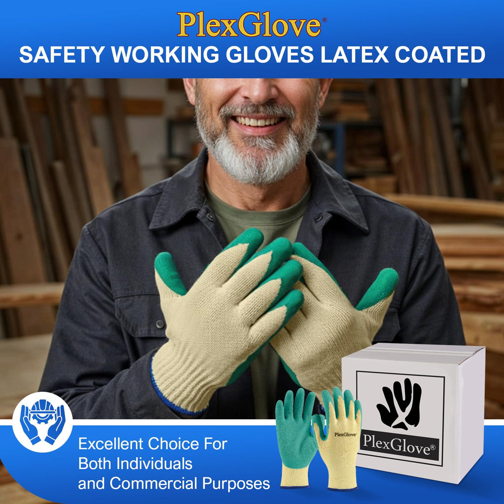 Size 10 Large Yellow Polyester Heavy Duty Non Slip Work Gloves with Green Latex Coated Palm, 144 Pairs/Case