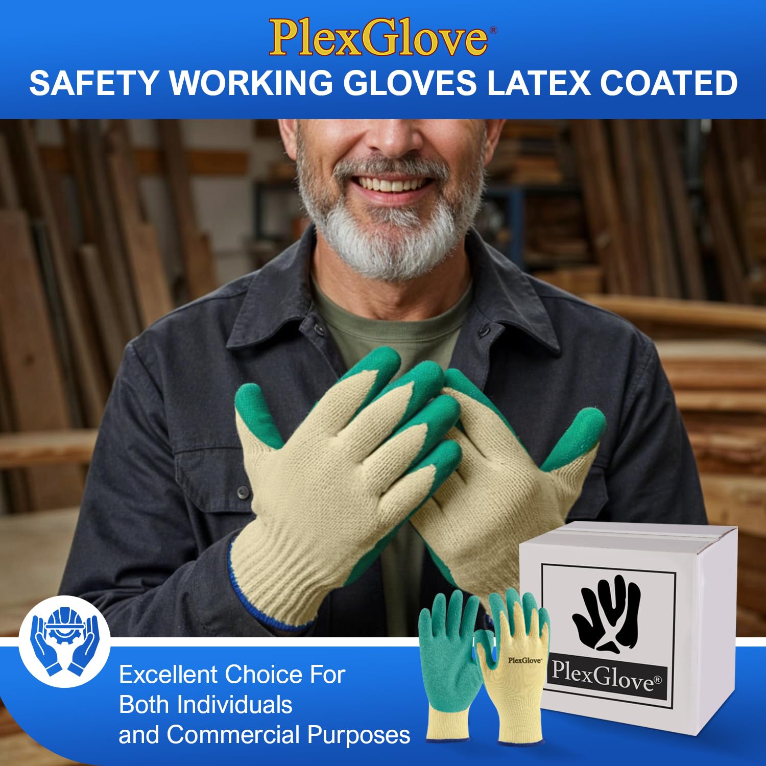 Size 10 Large Yellow Polyester Heavy Duty Non Slip Work Gloves with Green Latex Coated Palm, 144 Pairs/Case
