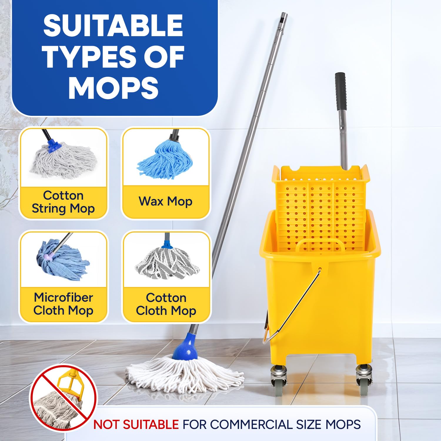 Plastic Prince Mop Bucket with Wringer on Wheels Small 5 Gallon, Heavy Duty Dual Chamber Industrial Mop Bucket Separate Dirty Water, Perfect for Business Household, 20 Quart Yellow