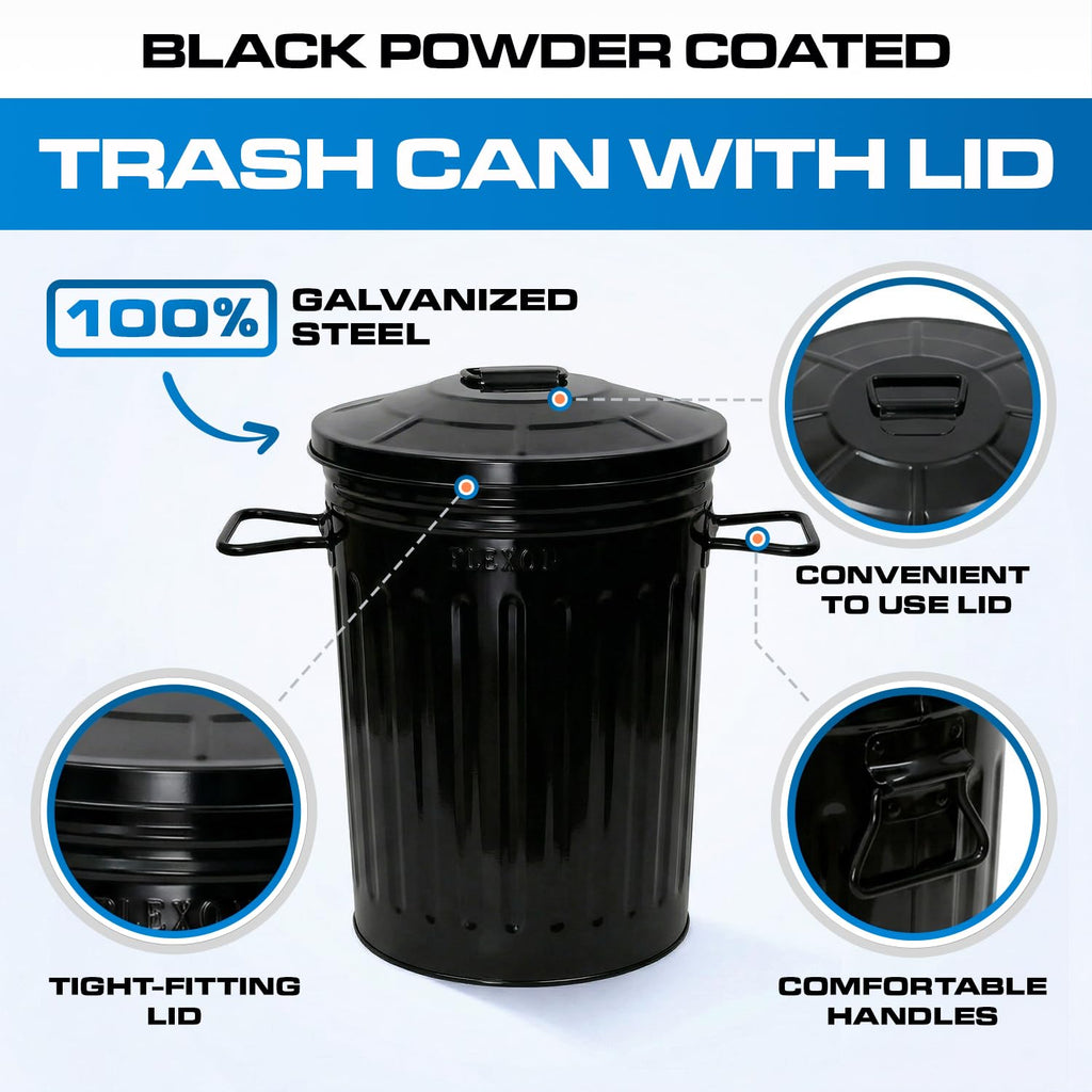 Plexon 2 Gallon Small Metal Trash Can with Lid Bathroom Garbage Can with Lid Bathroom Trash Can for Bedroom Office Kitchen Indoor Waste Basket, Round Powder Coated Black Bucket