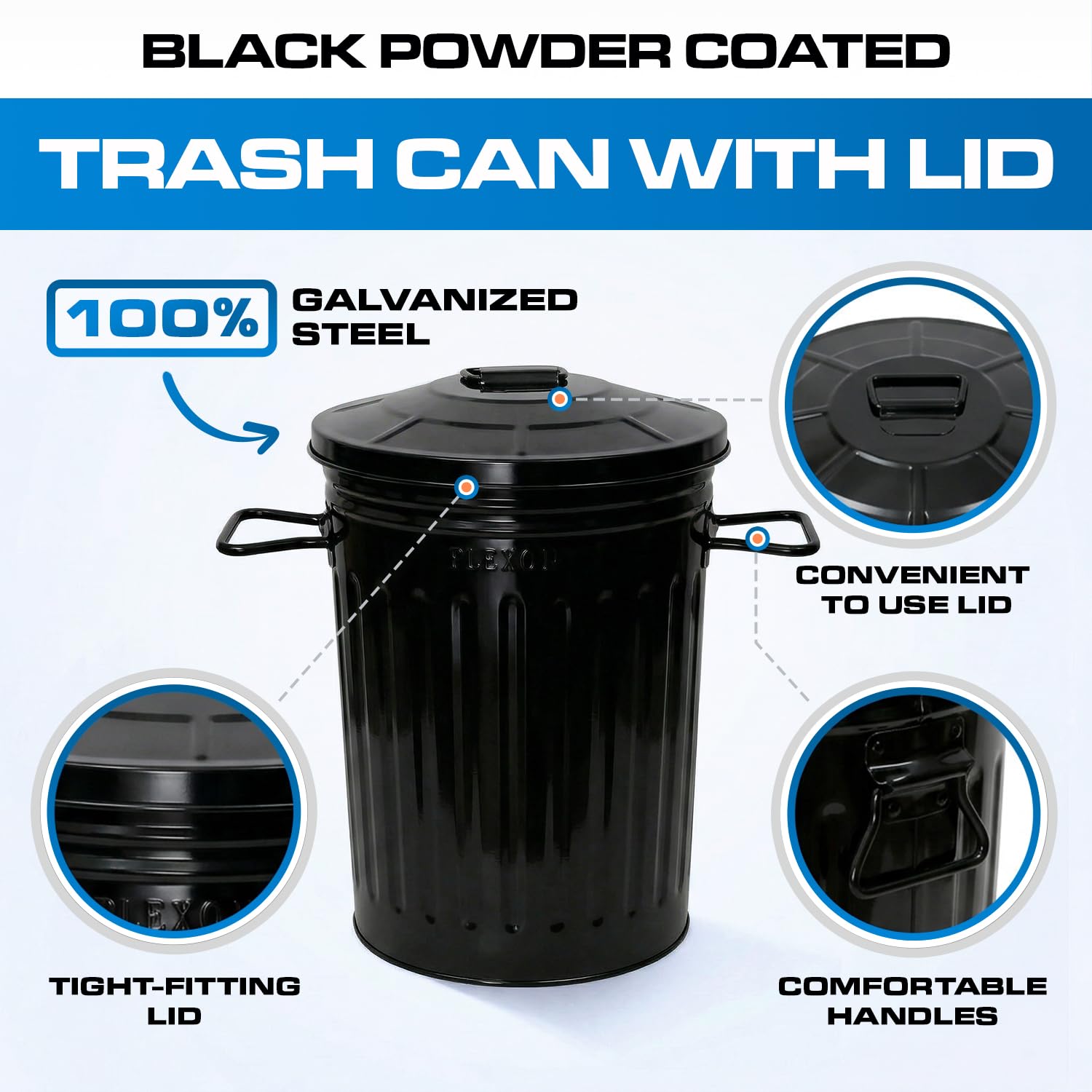 Plexon 2 Gallon Small Metal Trash Can with Lid Bathroom Garbage Can with Lid Bathroom Trash Can for Bedroom Office Kitchen Indoor Waste Basket, Round Powder Coated Black Bucket
