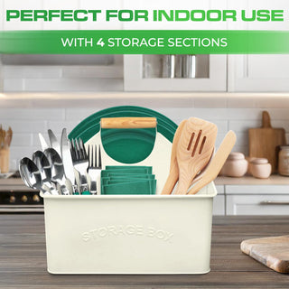 Off-White Galvanized Metal Utensil Caddy with Wooden Handle