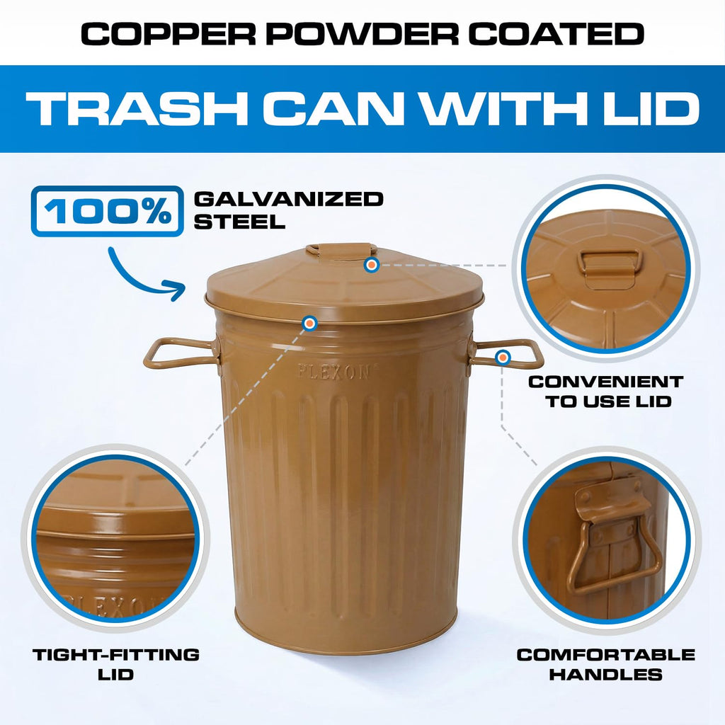 Plexon 2 Gallon Small Metal Trash Can with Lid Bathroom Garbage Can with Lid Bathroom Trash Can for Bedroom Office Kitchen Indoor Waste Basket, Round Powder Coated Copper