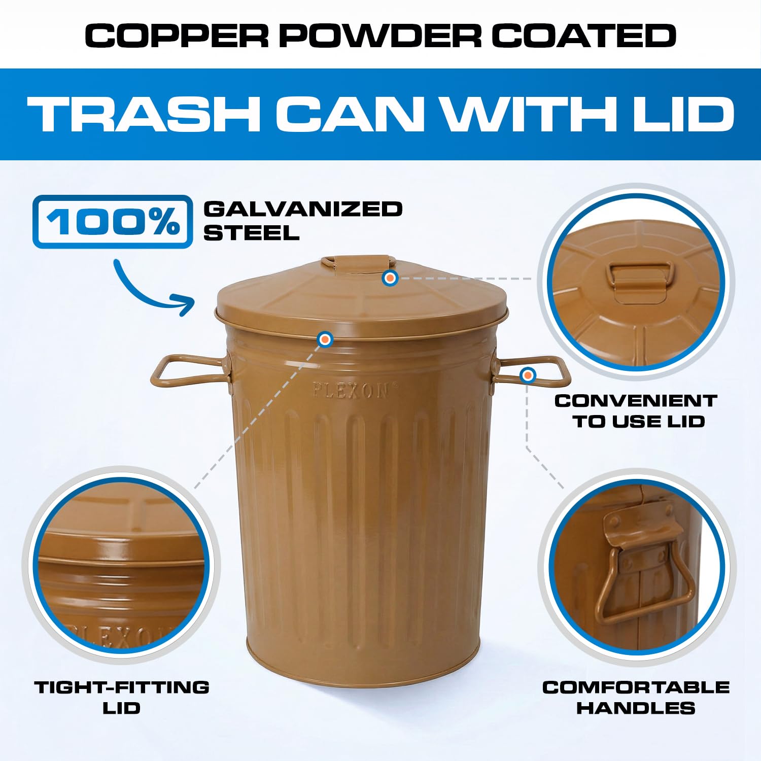 Plexon 2 Gallon Small Metal Trash Can with Lid Bathroom Garbage Can with Lid Bathroom Trash Can for Bedroom Office Kitchen Indoor Waste Basket, Round Powder Coated Copper