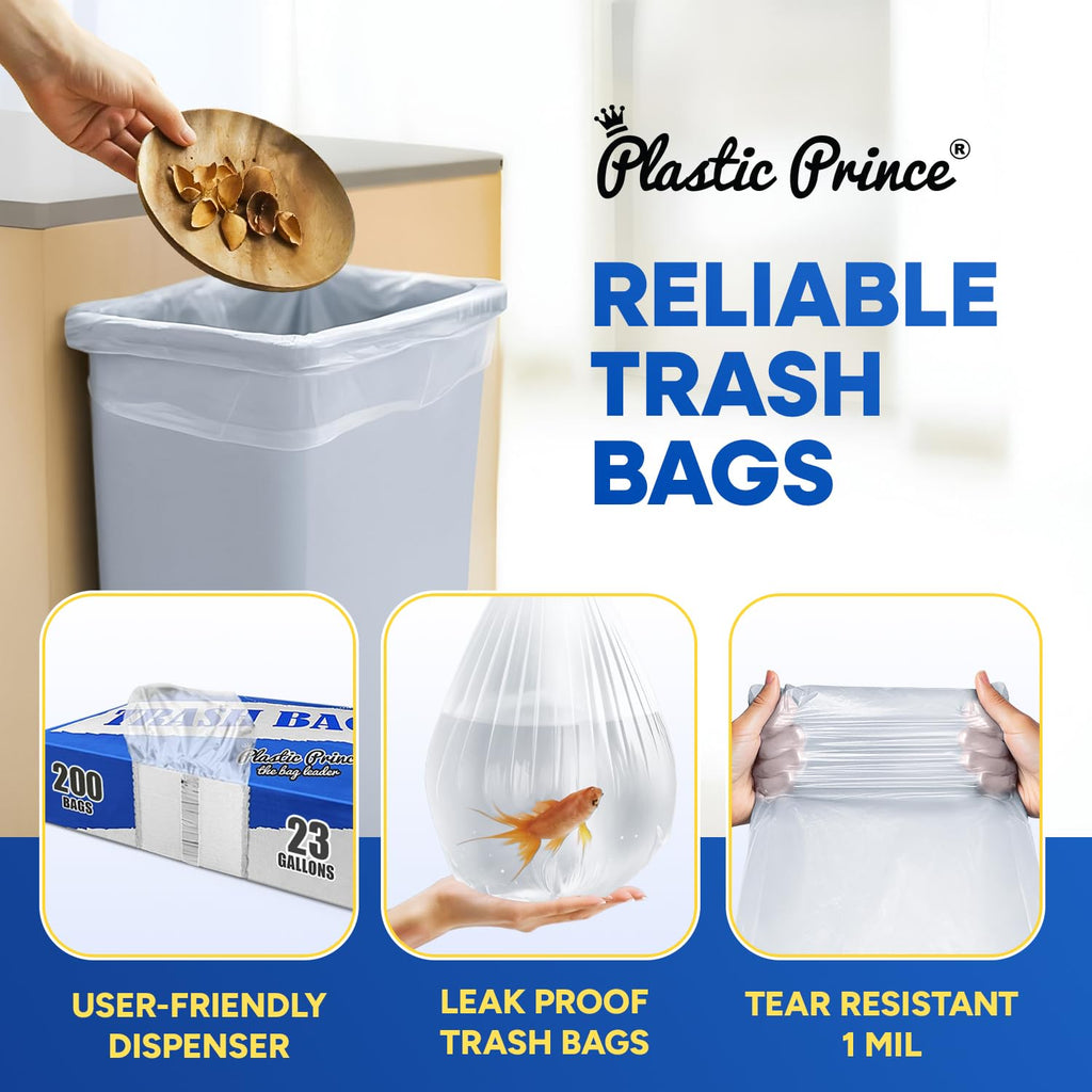plastic prince 23 gallon trash bags 1 mil clear waste bags fits slim jim 23 gal trash cans 29 x 44 tall garbage trash can liners 200 pack