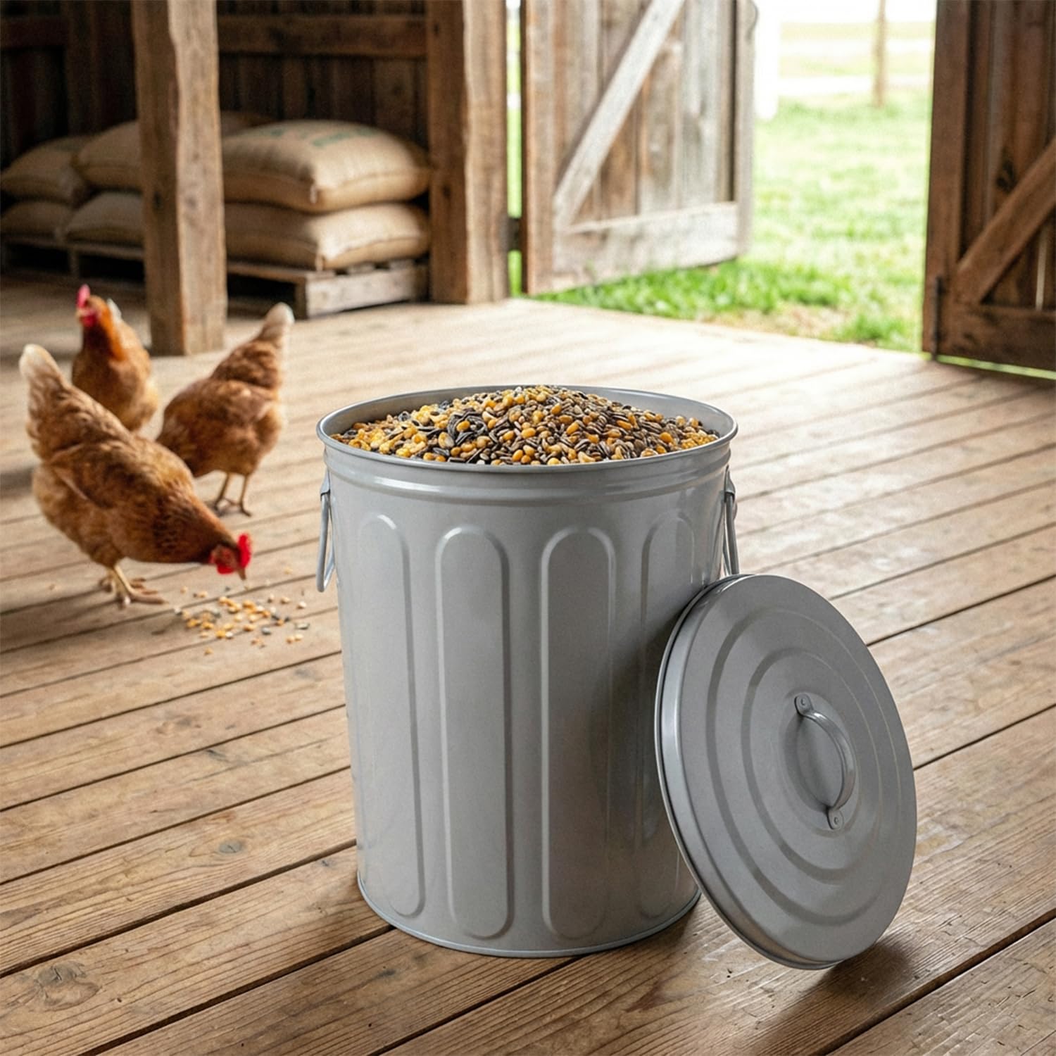 Plexon 5 Gallon Small Metal Trash Can with Lid Outdoor Galvanized Steel Bucket with Lid 5 Gal Storage Can for Dog Food Bird Seed Storage Container Rodent Pet Proof, Gray