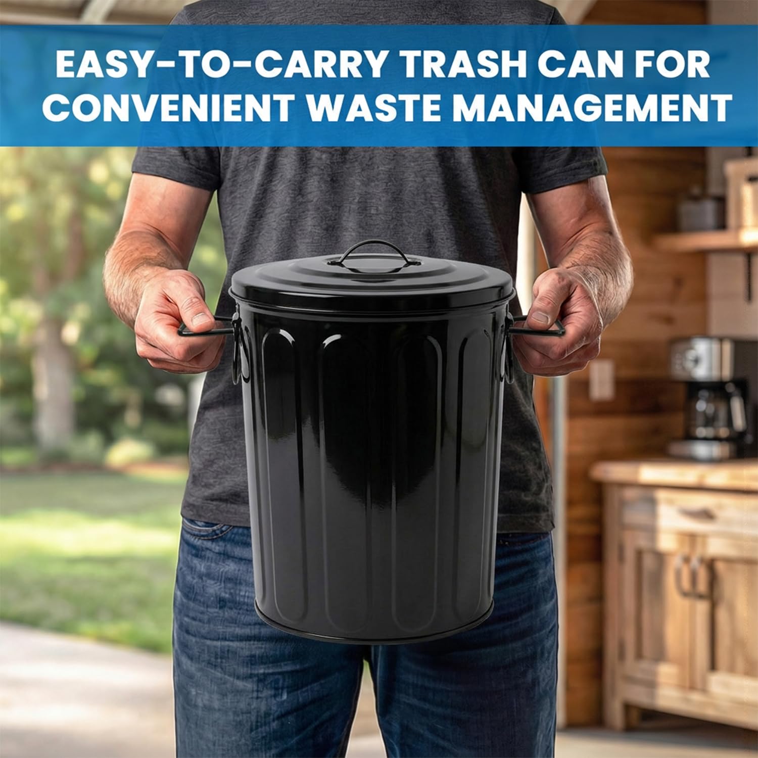 Plexon 5 Gallon Small Metal Trash Can with Lid Outdoor Galvanized Steel Bucket with Lid 5 Gal Storage Can for Dog Food Bird Seed Storage Container Rodent Pet Proof, Black