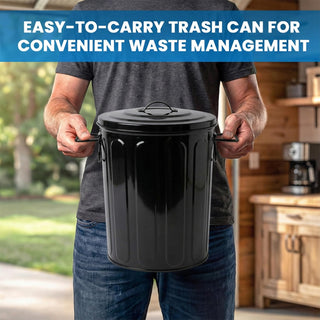 Plexon 5 Gallon Small Metal Trash Can with Lid Outdoor Galvanized Steel Bucket with Lid 5 Gal Storage Can for Dog Food Bird Seed Storage Container Rodent Pet Proof, Black