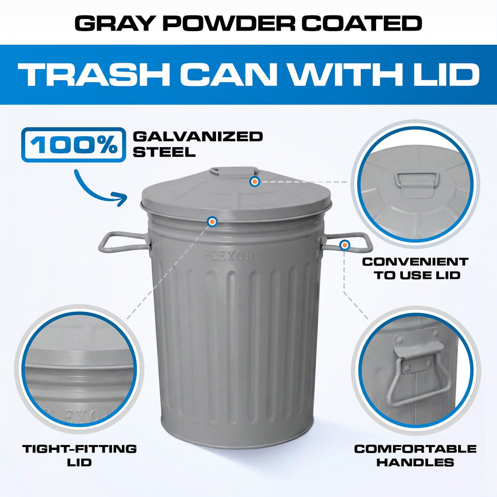 Plexon 2 Gallon Small Metal Trash Can with Lid Bathroom Garbage Can with Lid Bathroom Trash Can for Bedroom Office Kitchen Indoor Waste Basket, Round Powder Coated Gray Bucket