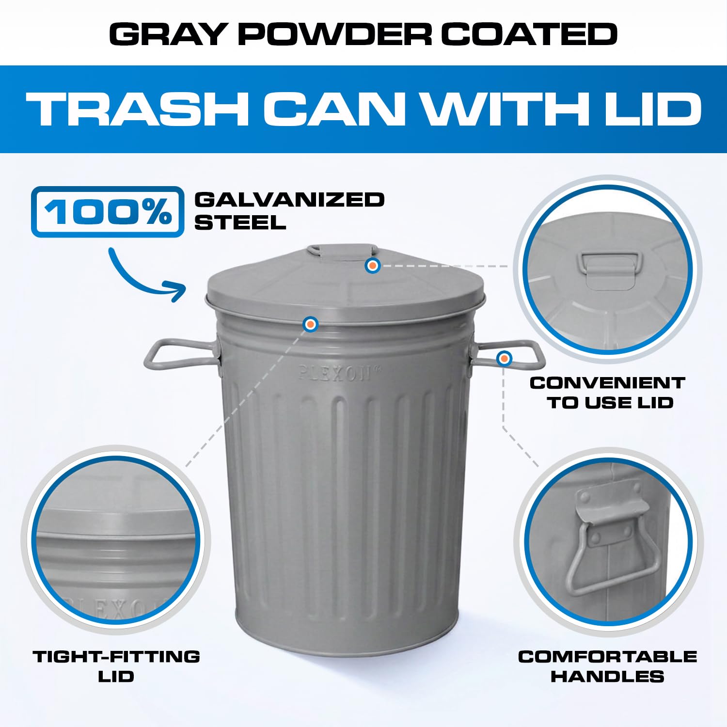 Plexon 2 Gallon Small Metal Trash Can with Lid Bathroom Garbage Can with Lid Bathroom Trash Can for Bedroom Office Kitchen Indoor Waste Basket, Round Powder Coated Gray Bucket