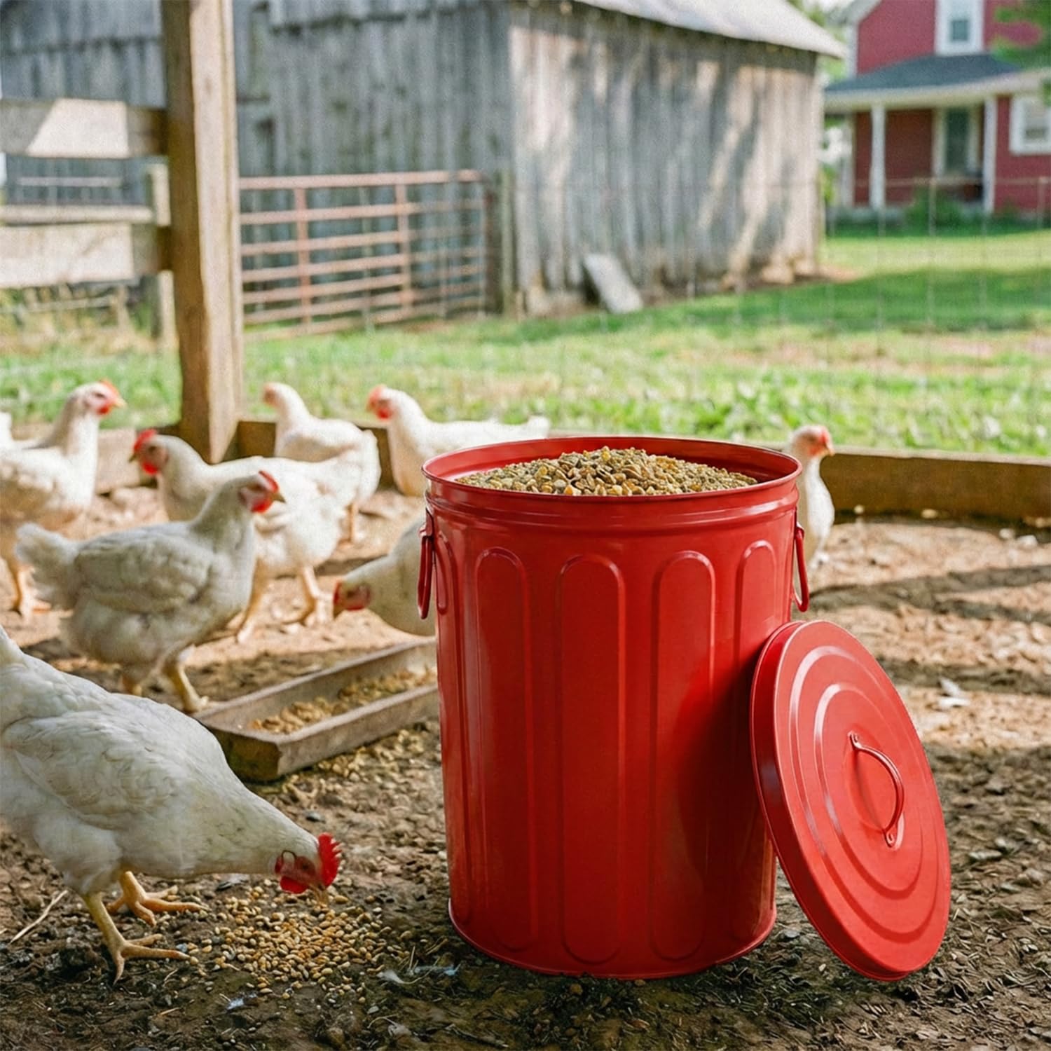 Plexon 5 Gallon Small Metal Trash Can with Lid Outdoor Galvanized Steel Bucket with Lid 5 Gal Storage Can for Dog Food Bird Seed Storage Container Rodent Pet Proof, Red