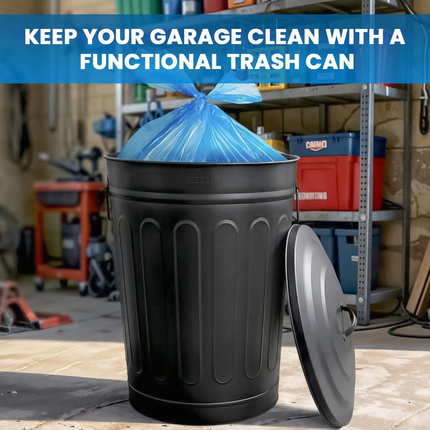 Plexon Metal Trash Can with Lid 13 Gallon, Decorative Outdoor Trash Can Heavy Duty Galvanized Metal Bucket with Lid for Garage Workshop Storage Farmhouse, Black
