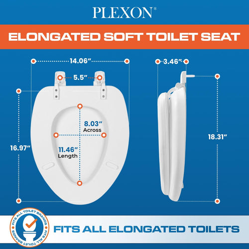 Plexon Elongated Soft Toilet Seat, Smooth Heavy-Duty Vinyl & Wood Core, Secure Hinge, White