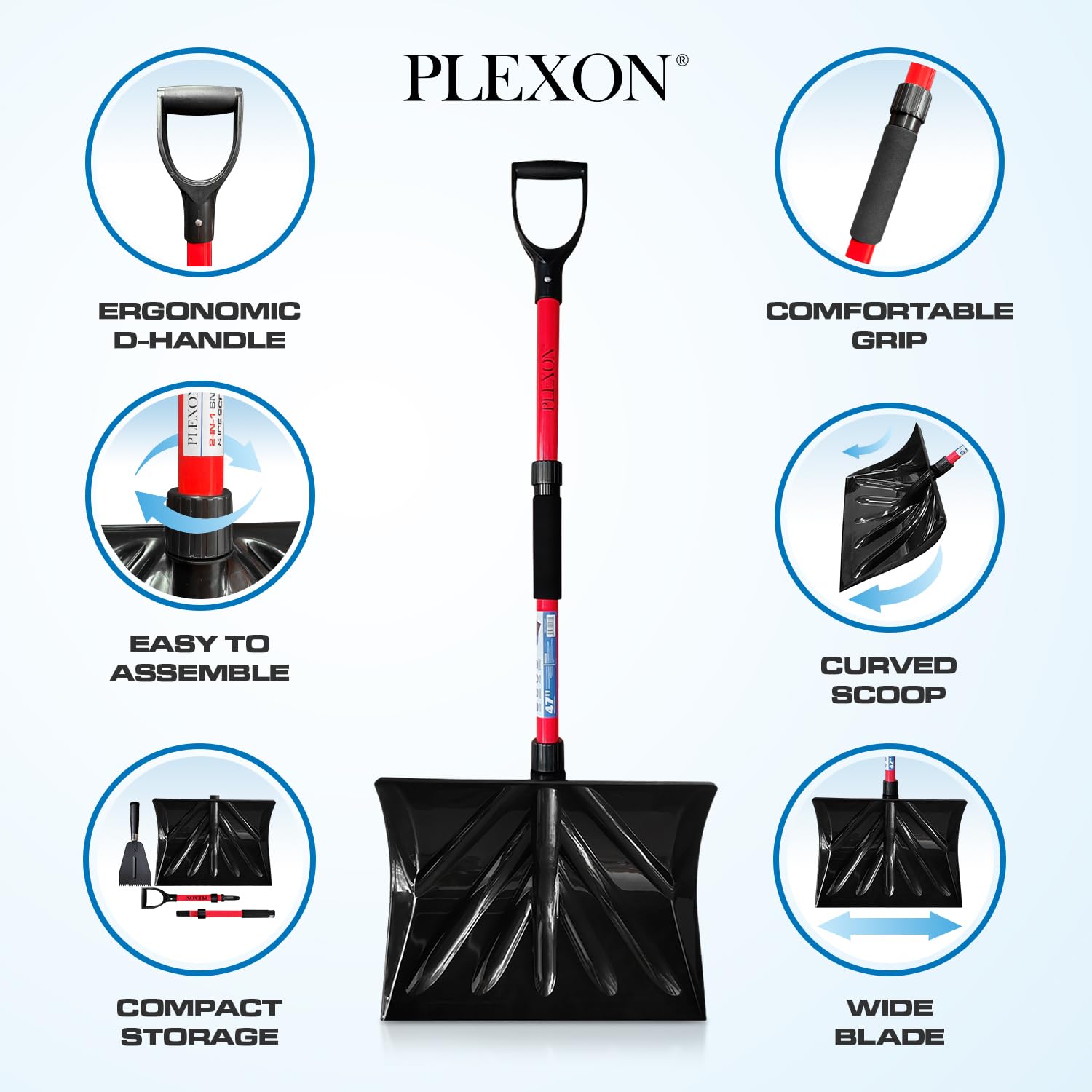 47" Snow Pusher & Ice Scraper Set with 2-piece Fiberglass Handle & Plastic D-Grip, 18" Wide Blade