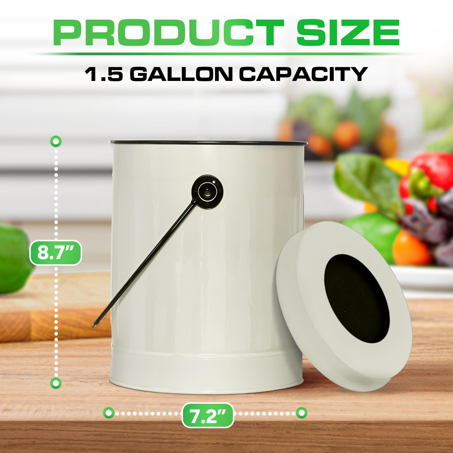 1.5 Gallon Off-White Metal Compost Bin with Airflow Lid and One Charcoal Filter