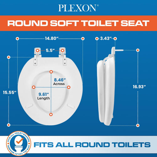 Plexon Round Soft Toilet Seat, Smooth Heavy-Duty Vinyl & Wood Core, Secure Hinge, White