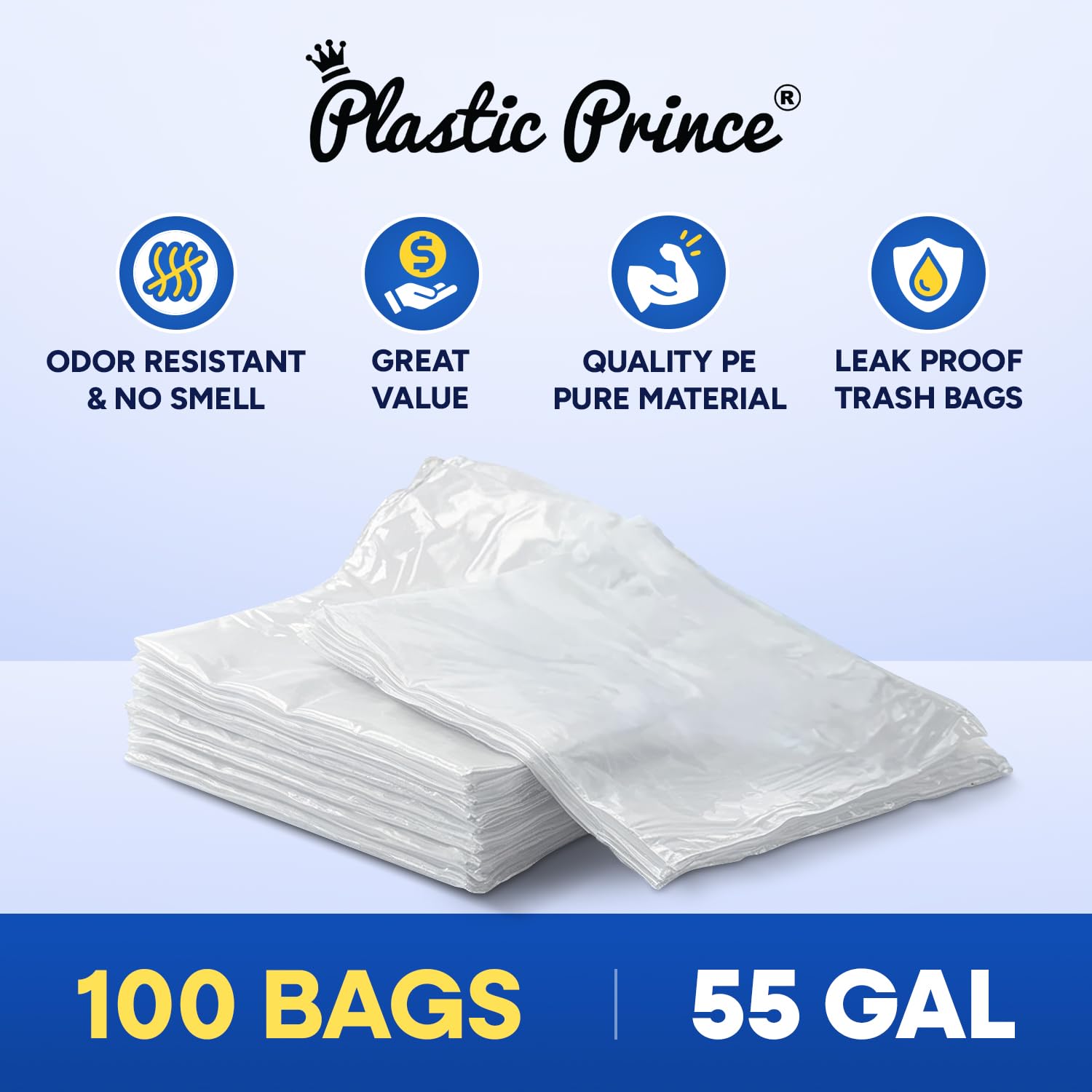 38" x 58" 55 Gal 3 Mil Clear Trash Bags, 100/Case