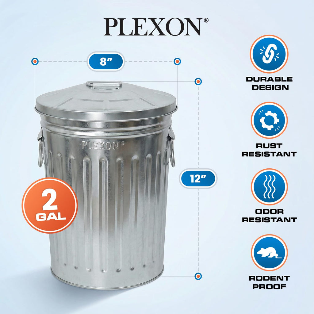Plexon 2 Gallon Small Metal Trash Can with Lid Bathroom Garbage Can with Lid Round Galvanized Steel Waste Basket for Bedroom Office Kitchen Indoor Metal Basket