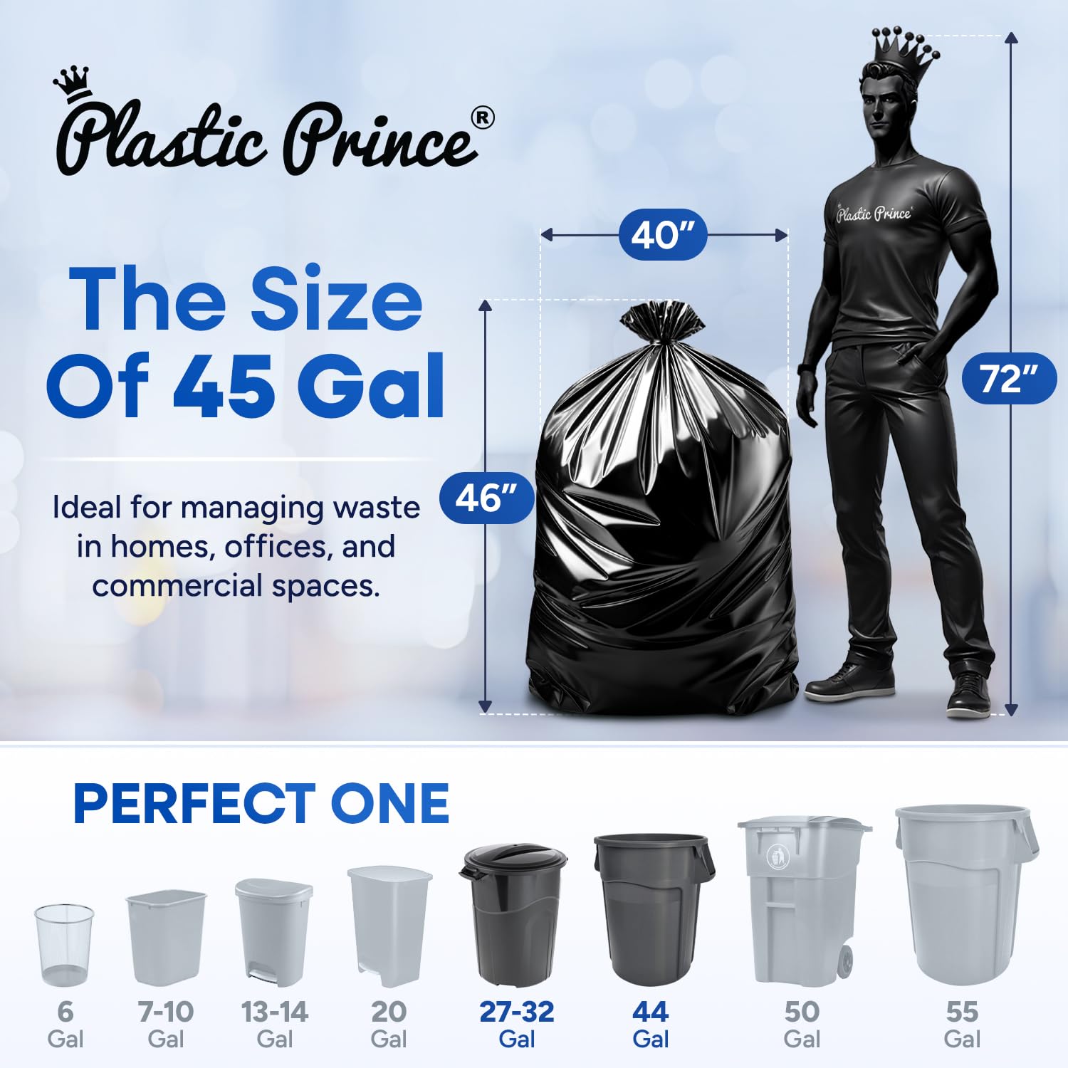 23" x 17" x 46" 45 Gal 2 Mil Black Contractor Bags, 100/Case
