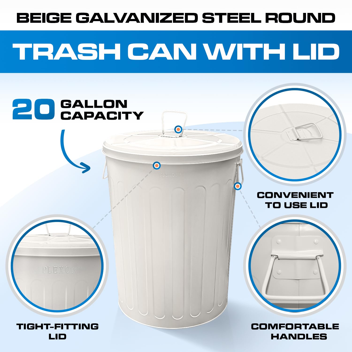 20 Gal Beige Galvanized Steel Round Trash Can with Lid