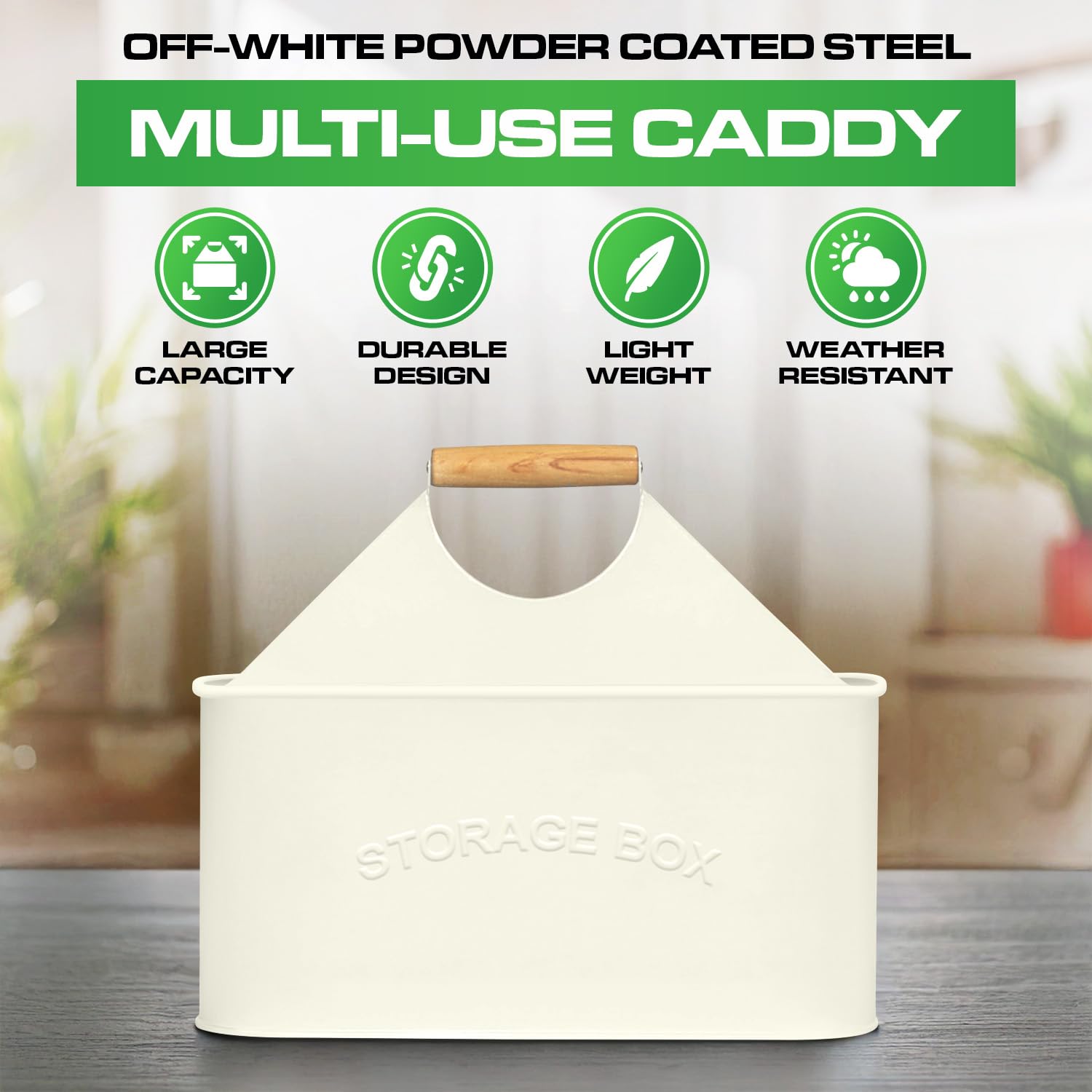 Off-White Galvanized Metal Utensil Caddy with Wooden Handle