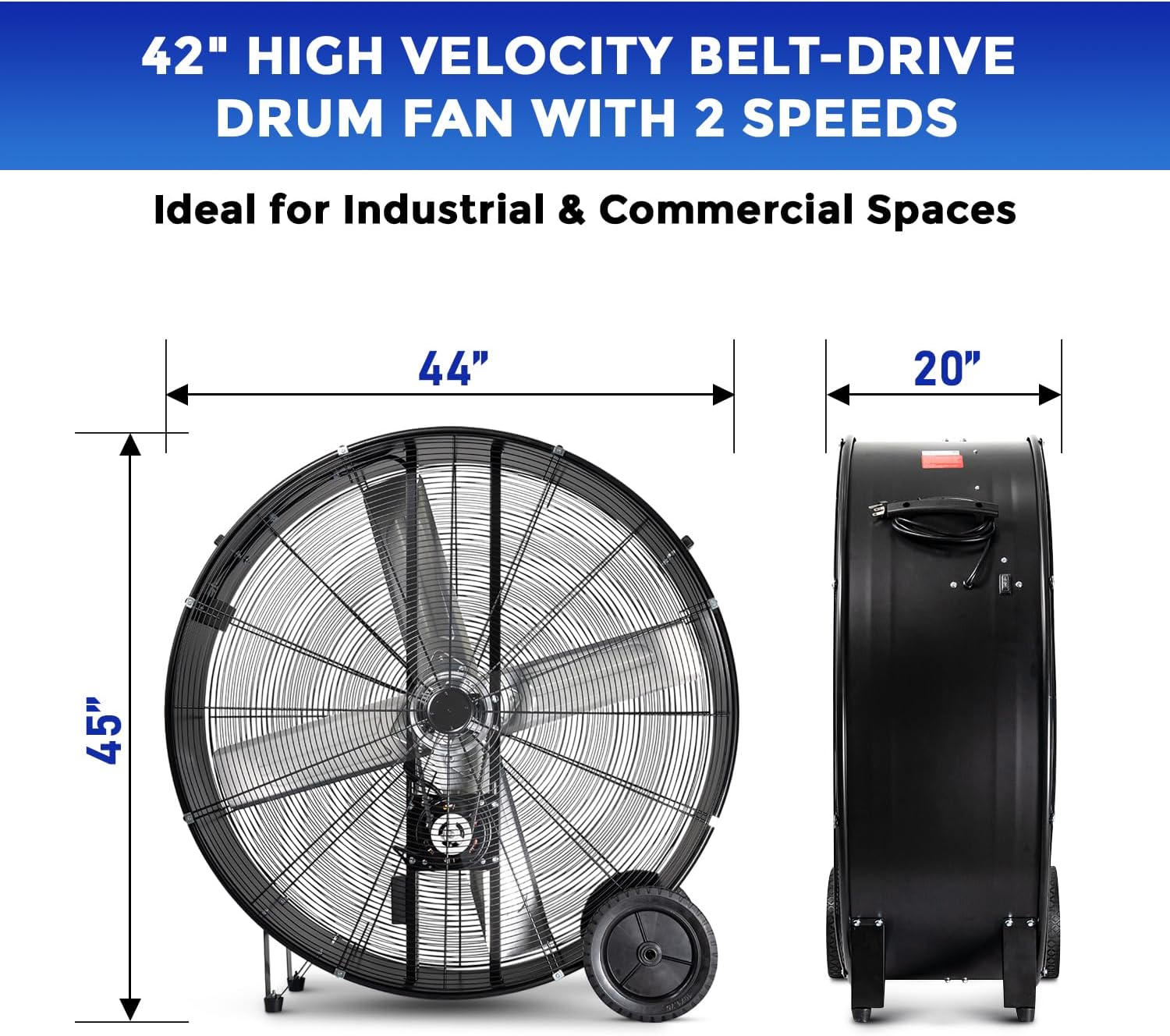 42 in. Black High Velocity Belt-Drive Drum Fan, 2-Speed