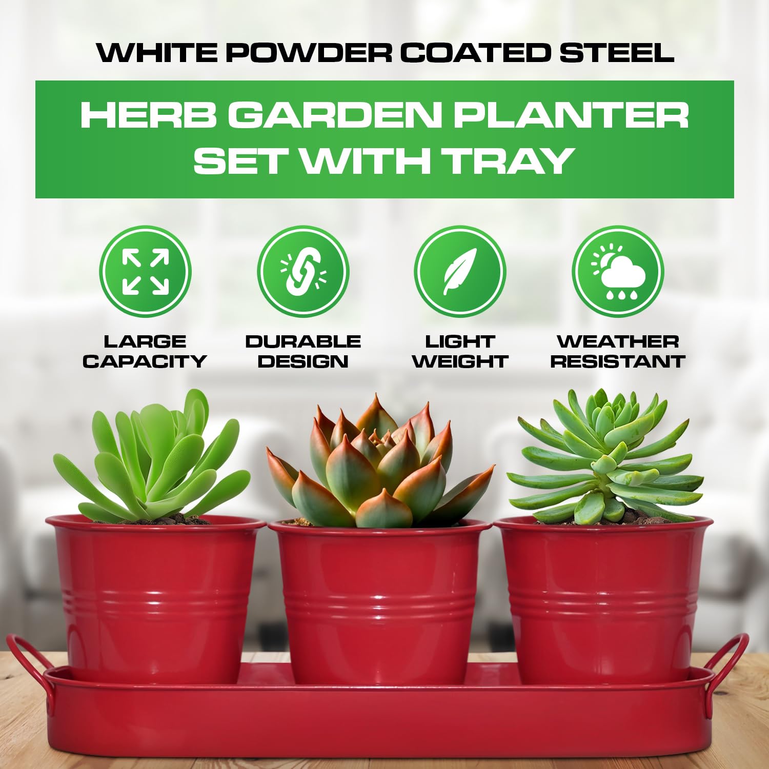Set of 3 Red Metal Garden Planters with Tray