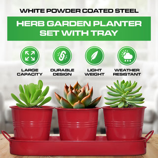 Set of 3 Red Metal Garden Planters with Tray