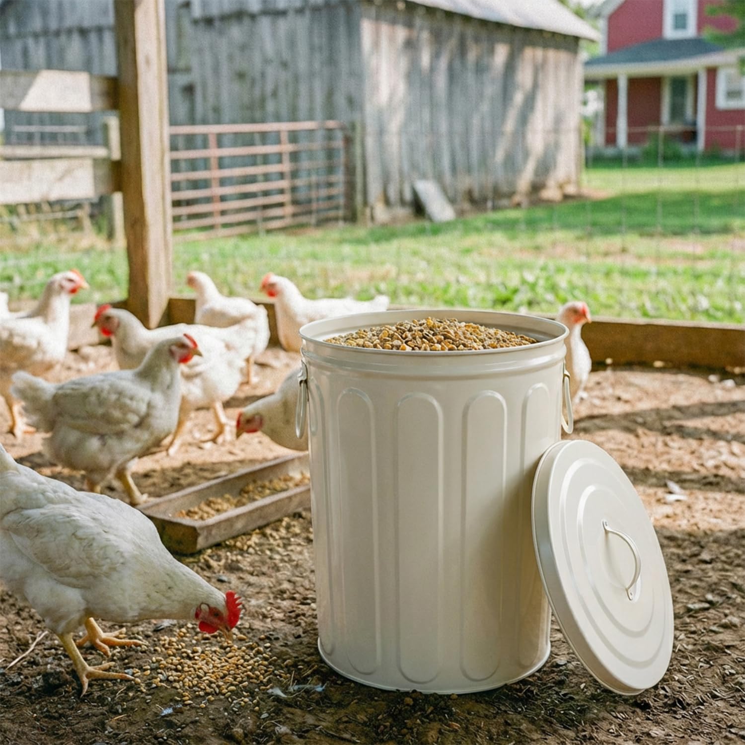 Plexon 5 Gallon Small Metal Trash Can with Lid Outdoor Galvanized Steel Bucket with Lid 5 Gal Storage Can for Dog Food Bird Seed Storage Container Rodent Pet Proof, Matte Off-White