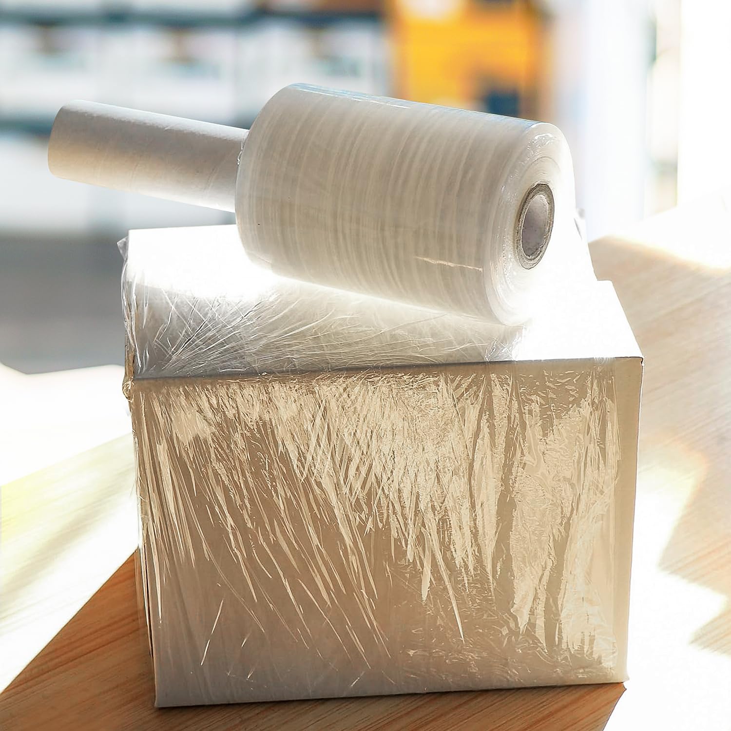 plastic prince 5 plastic wrap clear packing tape with dispenser for moving boxes shipping tape refills shrink wrap stretch film with handles 1000' roll 100 gauge thick 500% stretch ability 12 pack