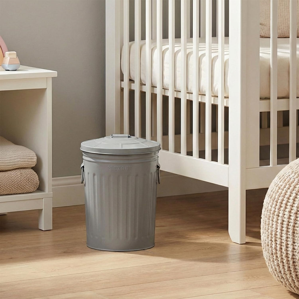 Plexon 2 Gallon Small Metal Trash Can with Lid Bathroom Garbage Can with Lid Bathroom Trash Can for Bedroom Office Kitchen Indoor Waste Basket, Round Powder Coated Gray Bucket