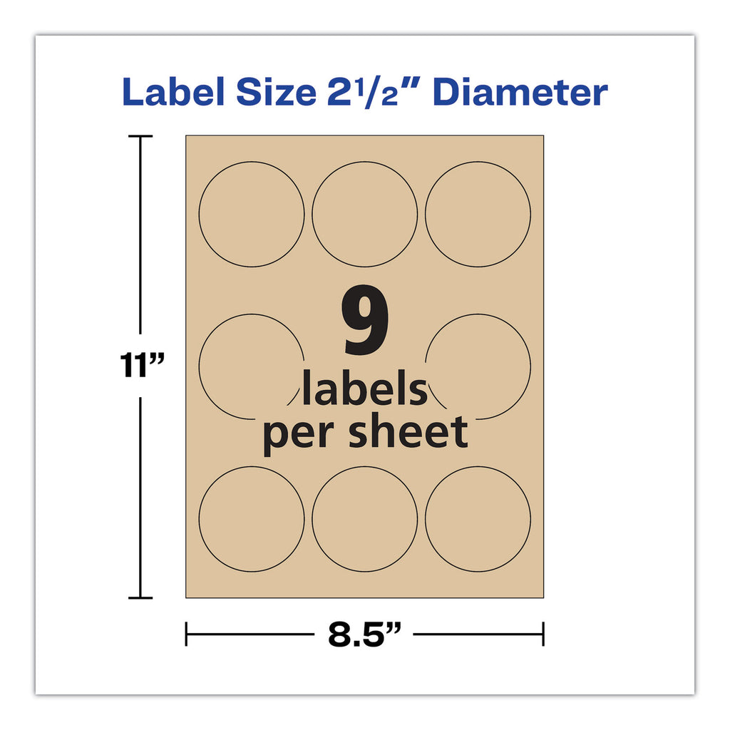 Round Brown Kraft Print-to-the-Edge Labels, 2.5" dia, 225/PK