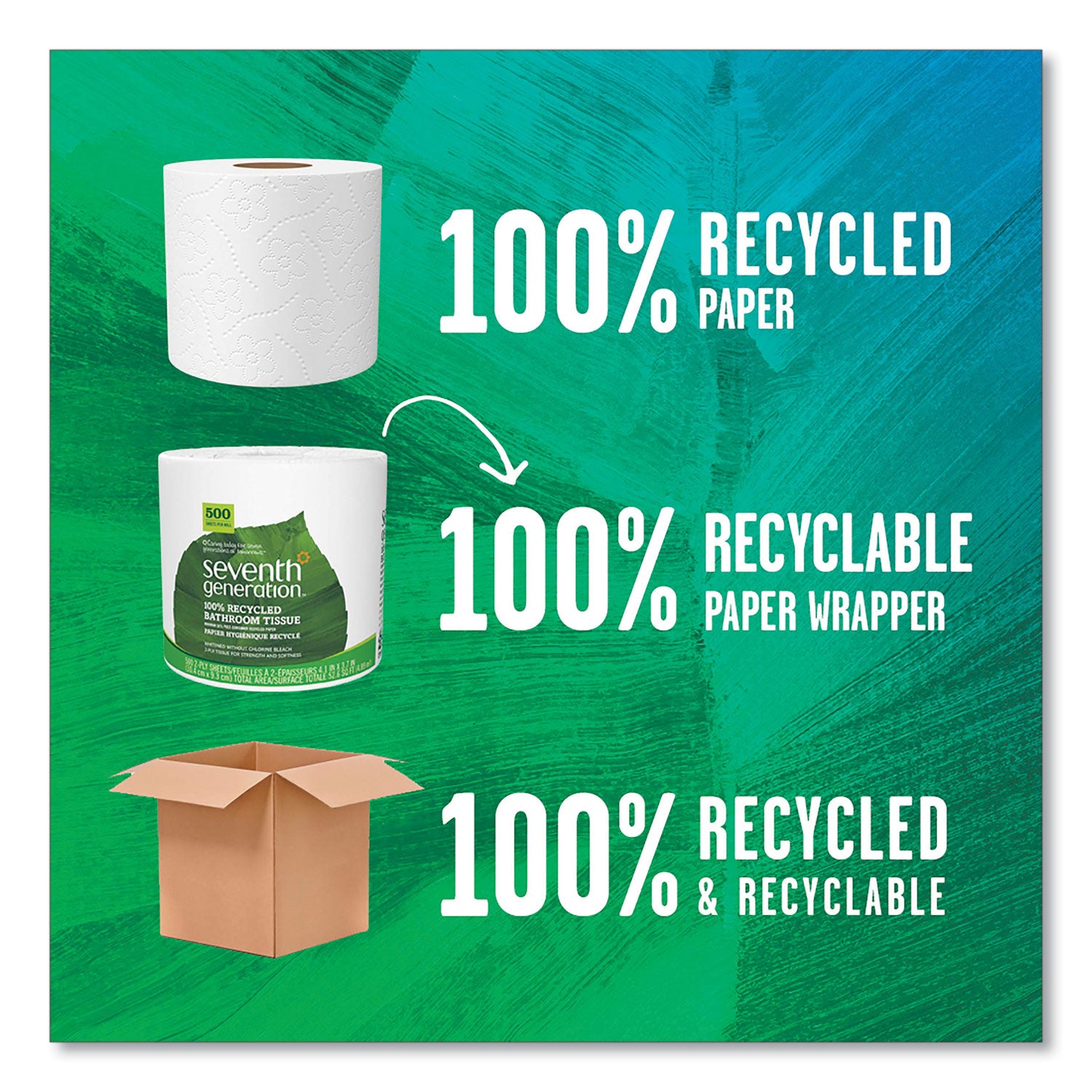 100% Recycled Bathroom Tissue, Septic Safe, Individually Wrapped Rolls, 2-Ply, White, 500 Sheets/Jumbo Roll, 60/Carton - 