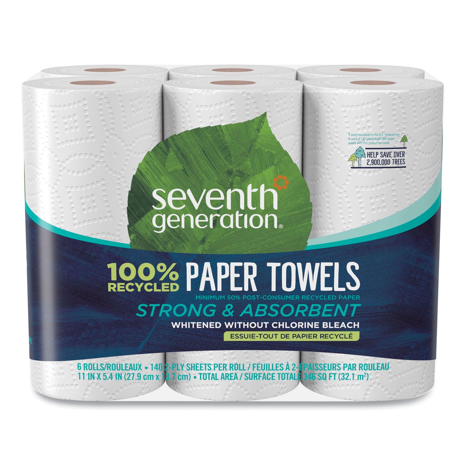 100% Recycled Paper Kitchen Towel Rolls, 2-Ply, 11 x 5.4, 140 Sheets/Roll, 6 Rolls/Pack - 