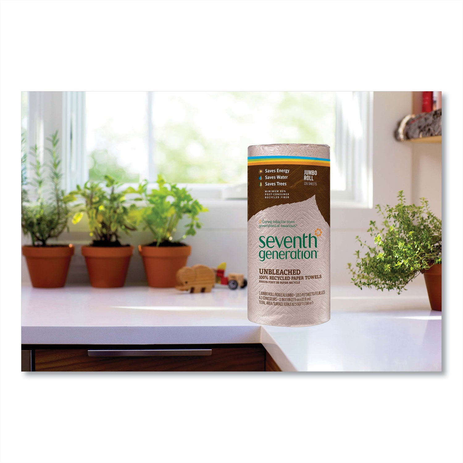 Natural Unbleached 100% Recycled Paper Kitchen Towel Rolls, 2-Ply, Individually Wrapped, 11 x 9, 120/Roll, 30 Rolls/Carton