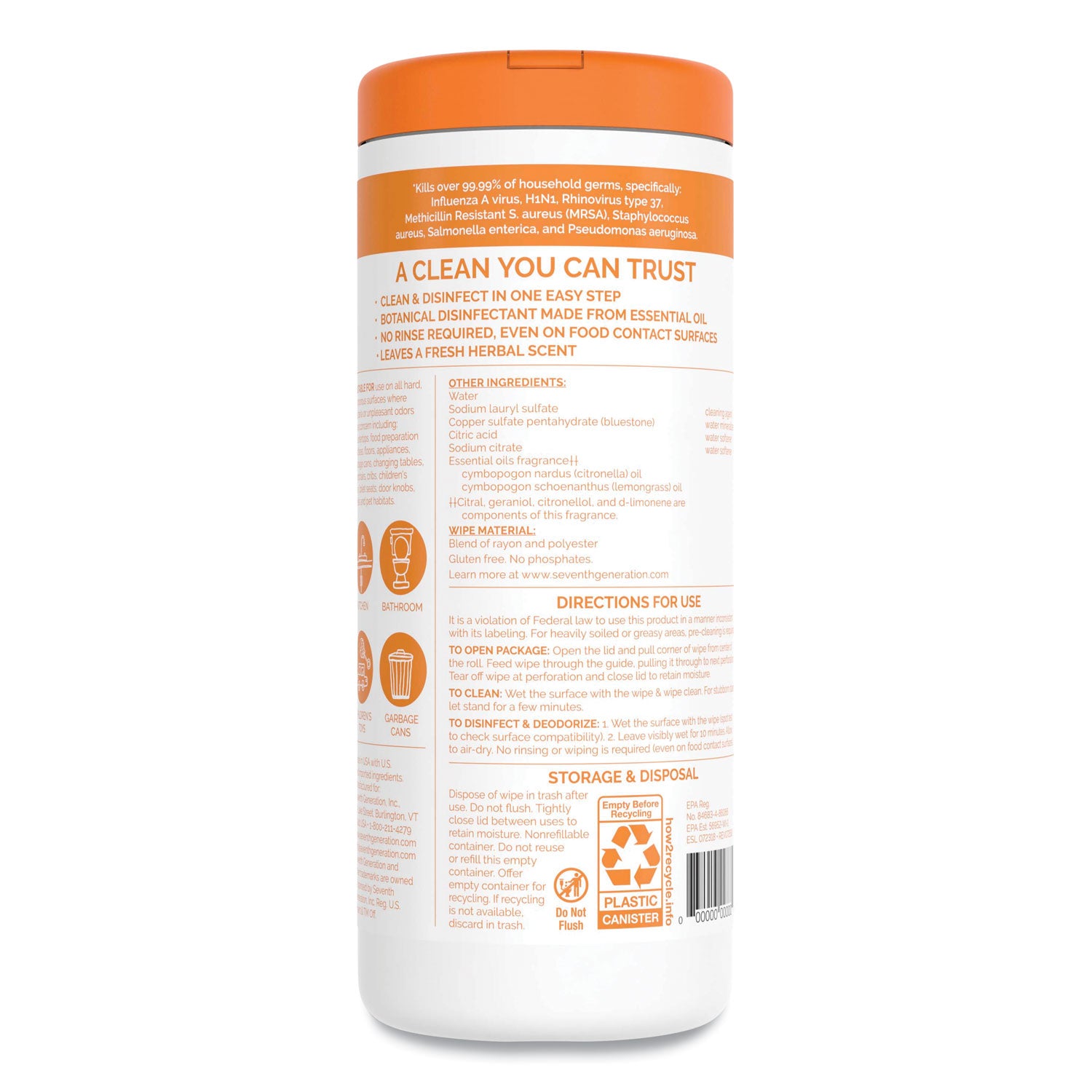 Botanical Disinfecting Wipes, 8 x 7, Lemongrass Citrus, White, 35 Count, 12/Carton - 