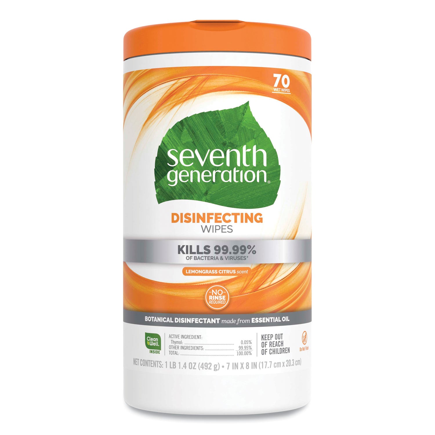 Botanical Disinfecting Wipes, 7 x 8, Lemongrass Citrus, 70 Count, 6/Carton