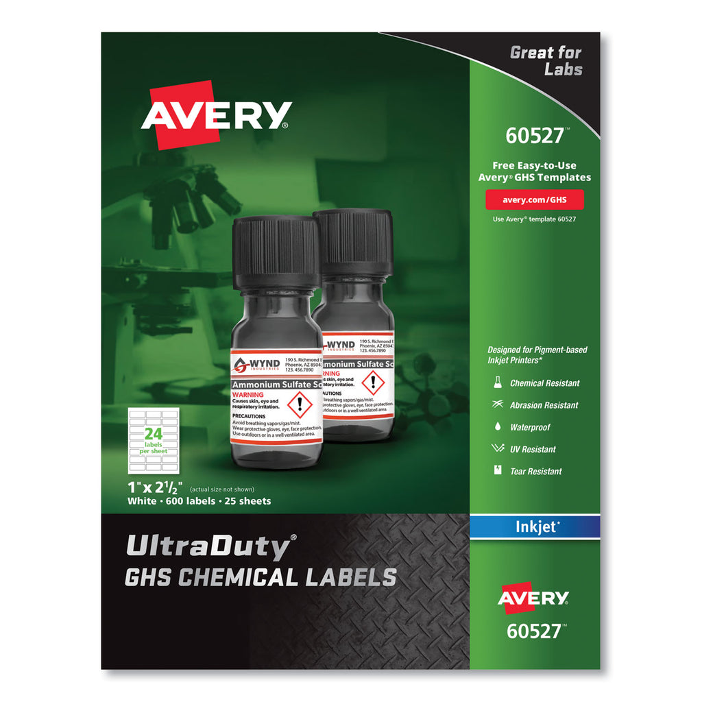 UltraDuty GHS Chemical Waterproof and UV Resistant Labels, 1 x 2.5, White, 24/Sheet, 25 Sheets/Pack