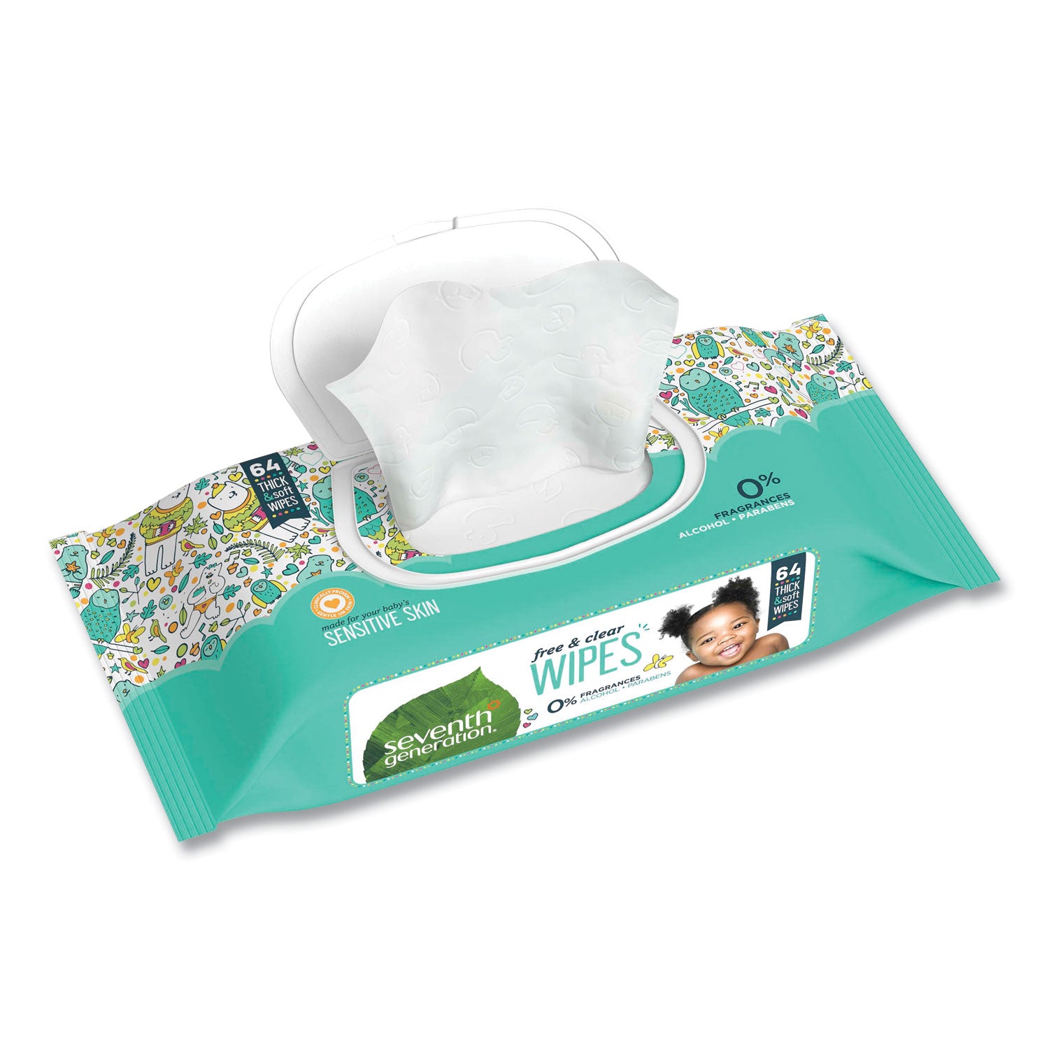 Free and Clear Baby Wipes, 7 x 7, Unscented, White, 64/Flip-Top Pack - 