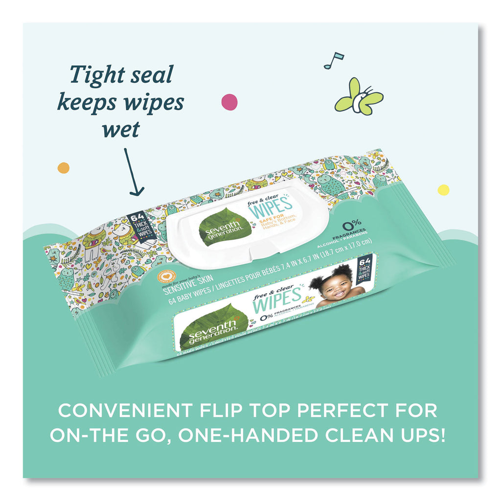Free and Clear Baby Wipes, 7 x 7, Unscented, White, 64/Flip-Top Pack - 