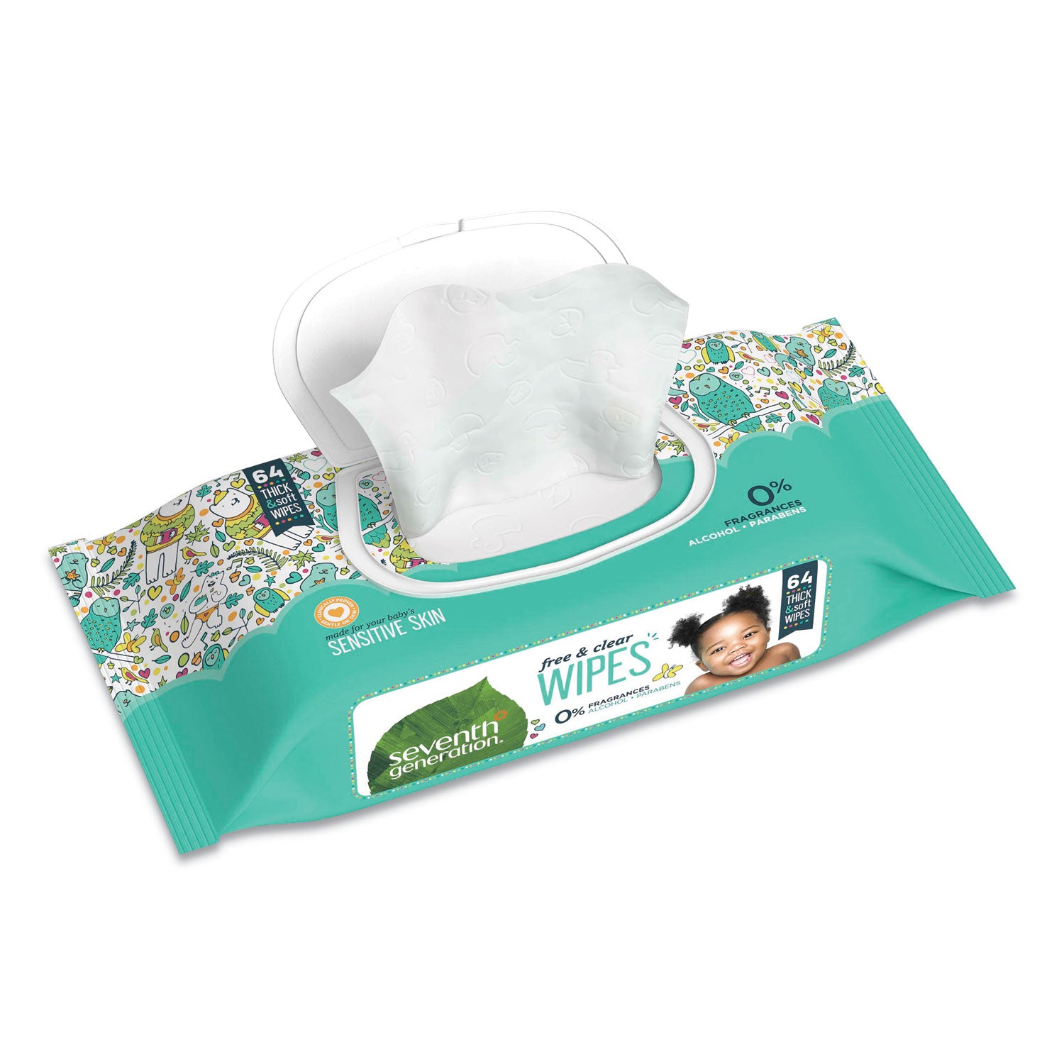 Free and Clear Baby Wipes, 7 x 7, Unscented, White, 64/Flip Top Pack, 12 Packs/Carton - 