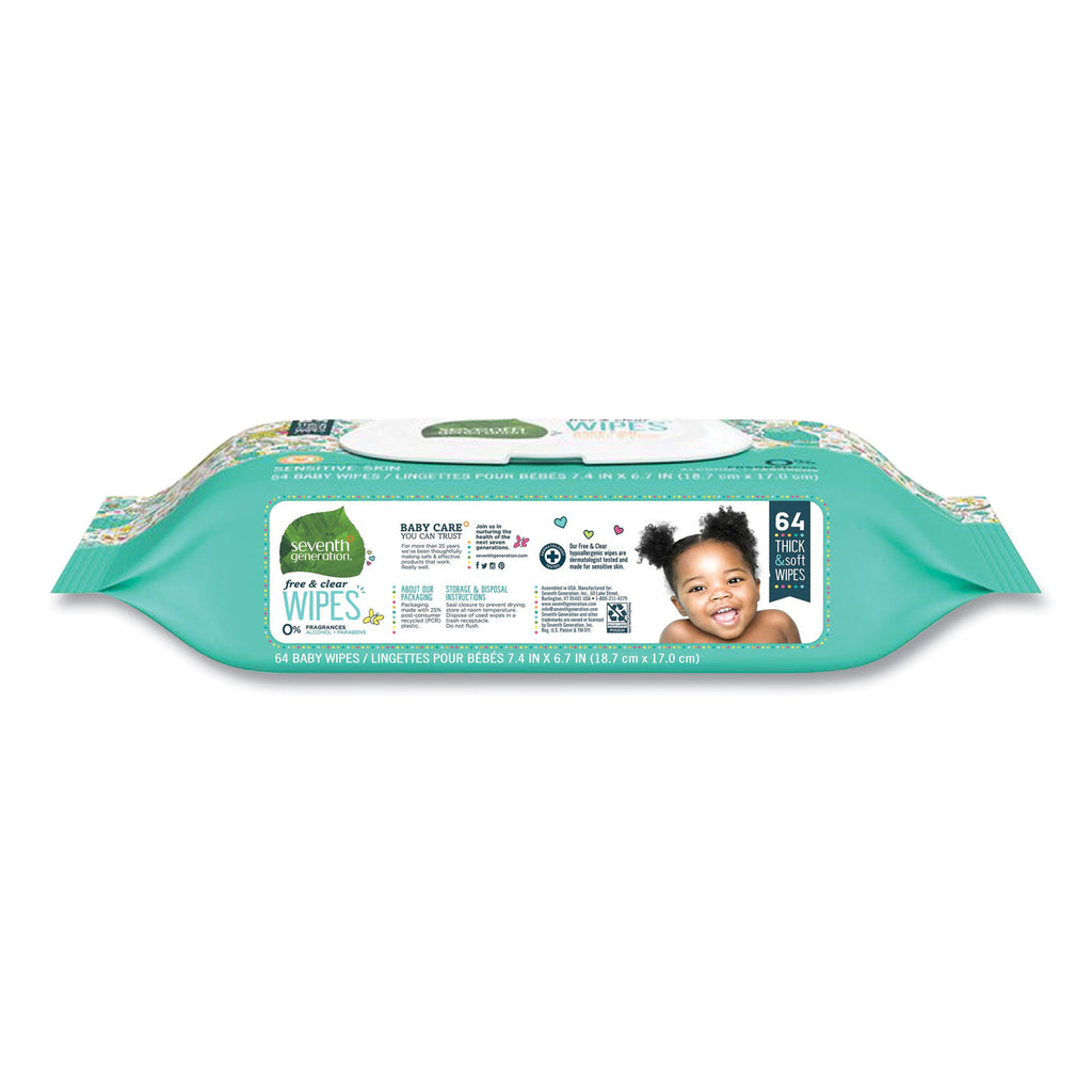 Free and Clear Baby Wipes, 7 x 7, Unscented, White, 64/Flip-Top Pack - 