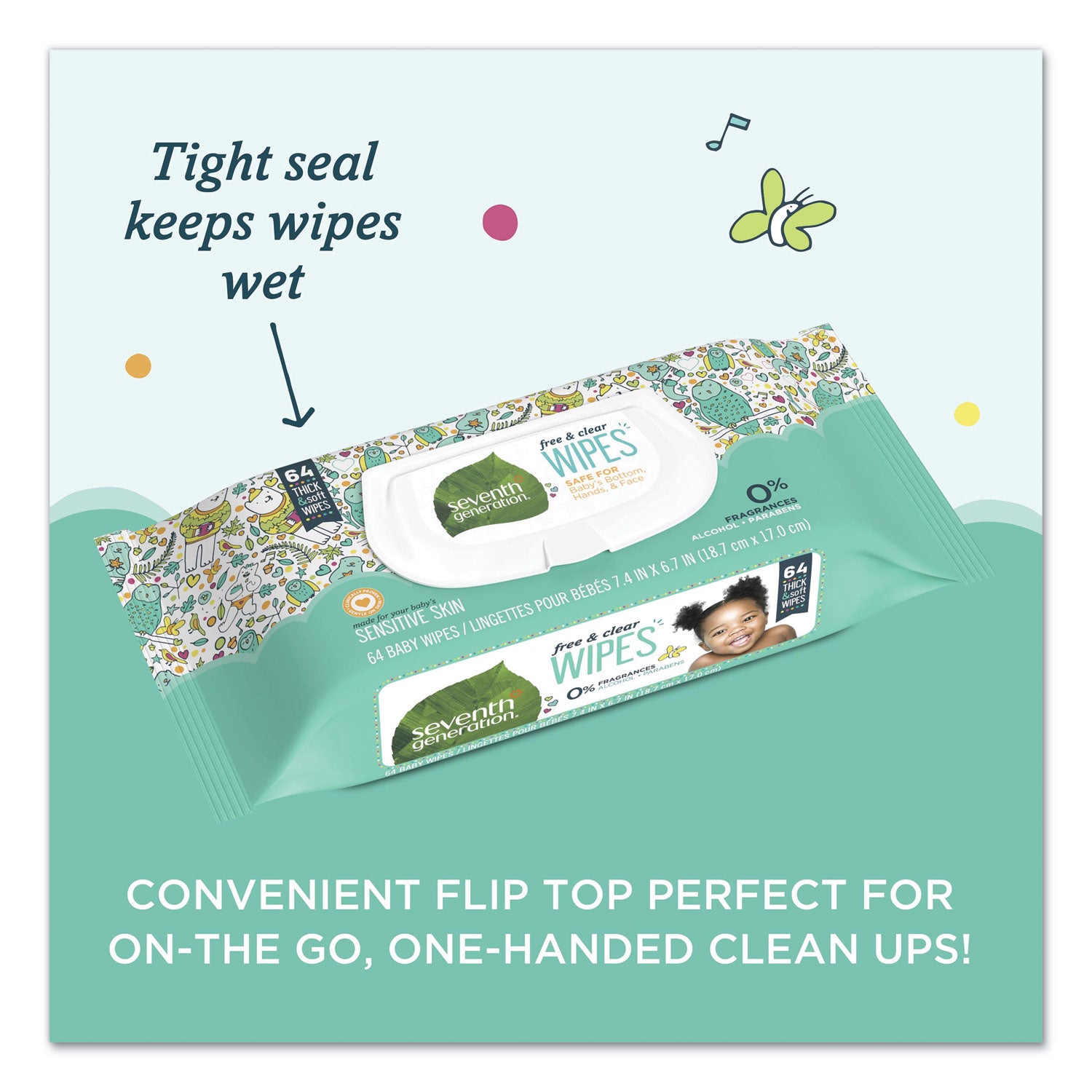 Free and Clear Baby Wipes, 7 x 7, Unscented, White, 64/Flip Top Pack, 12 Packs/Carton - 