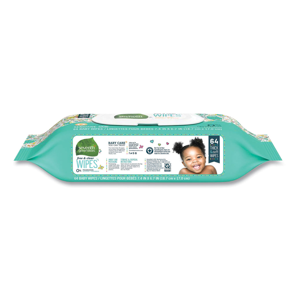 Free and Clear Baby Wipes, 7 x 7, Unscented, White, 64/Flip Top Pack, 12 Packs/Carton - 