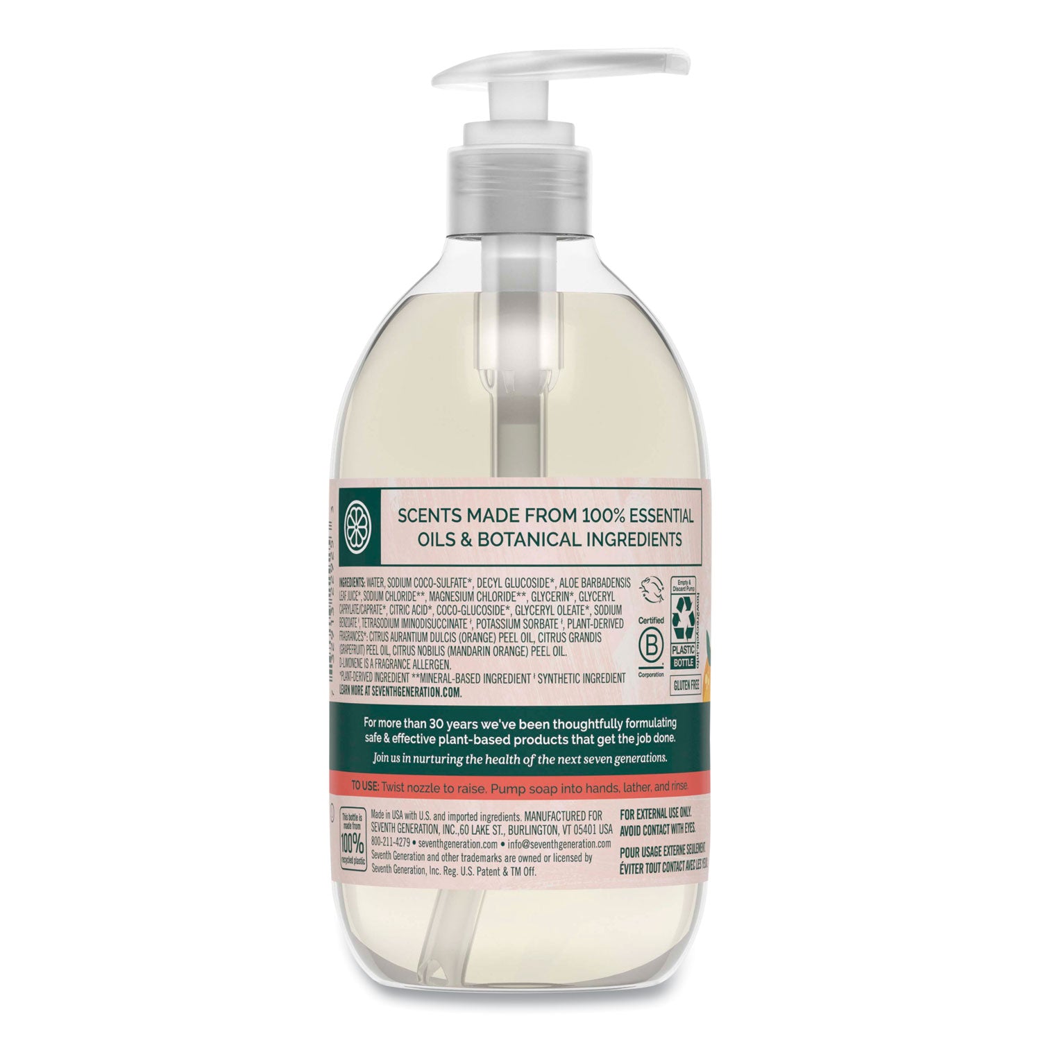 Natural Hand Wash, Mandarin Orange and Grapefruit, 12 oz Pump Bottle, 8/Carton